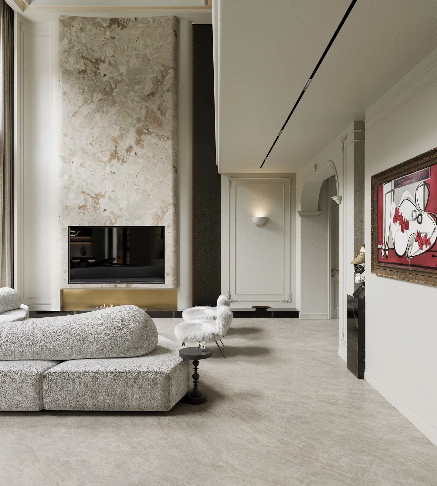 FM189601LEV Sand Marble Look porcelain tile shown in an application-style product view