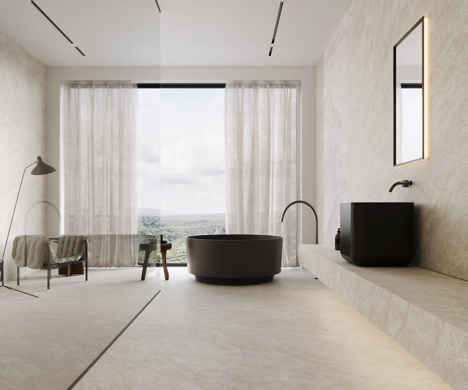 FM189601SL Sand Marble Look porcelain tile shown in an application-style product view