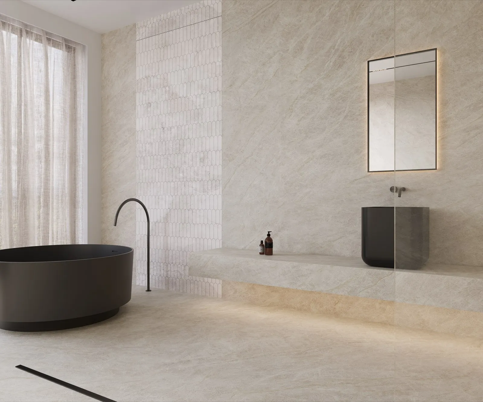 FM189601SL Sand Marble Look porcelain tile shown in an application-style product view