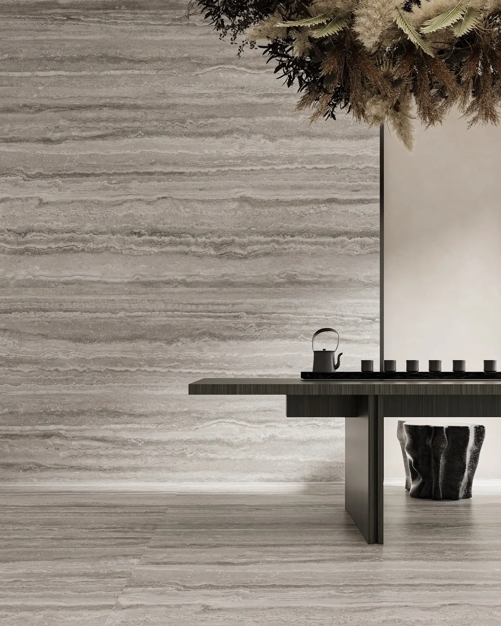 gray travertine look sintered stone wall and floor in modern commercial interior design