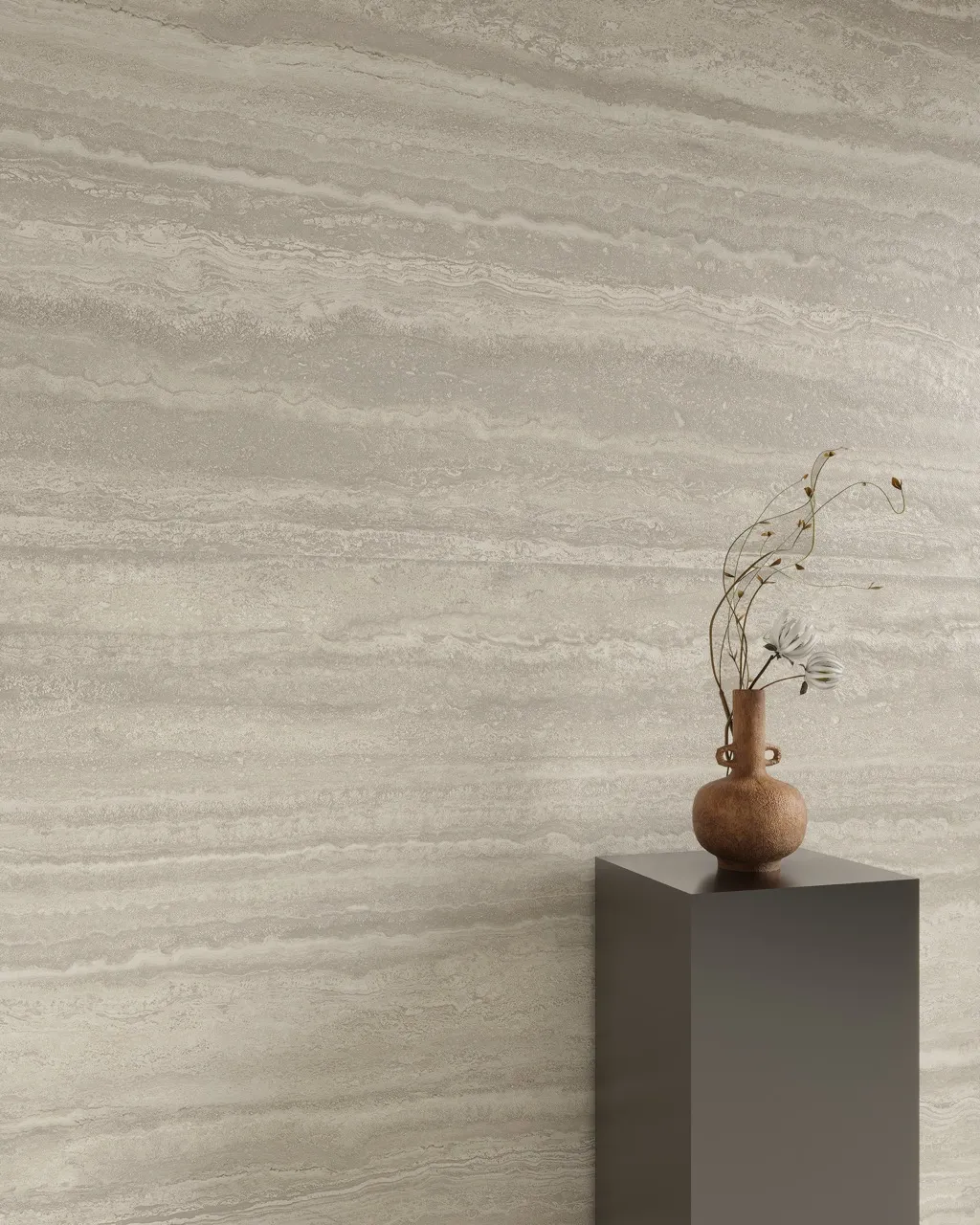 gray travertine look sintered stone feature wall with decorative vase and modern interior styling