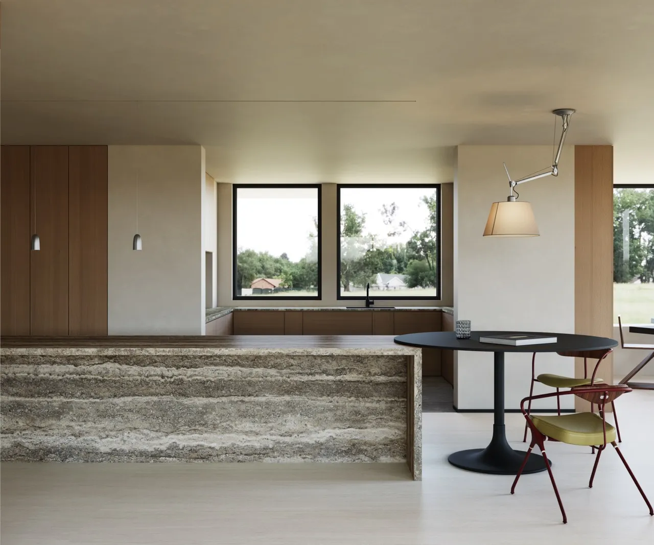 gray travertine look matte textured sintered stone kitchen countertop and island top application