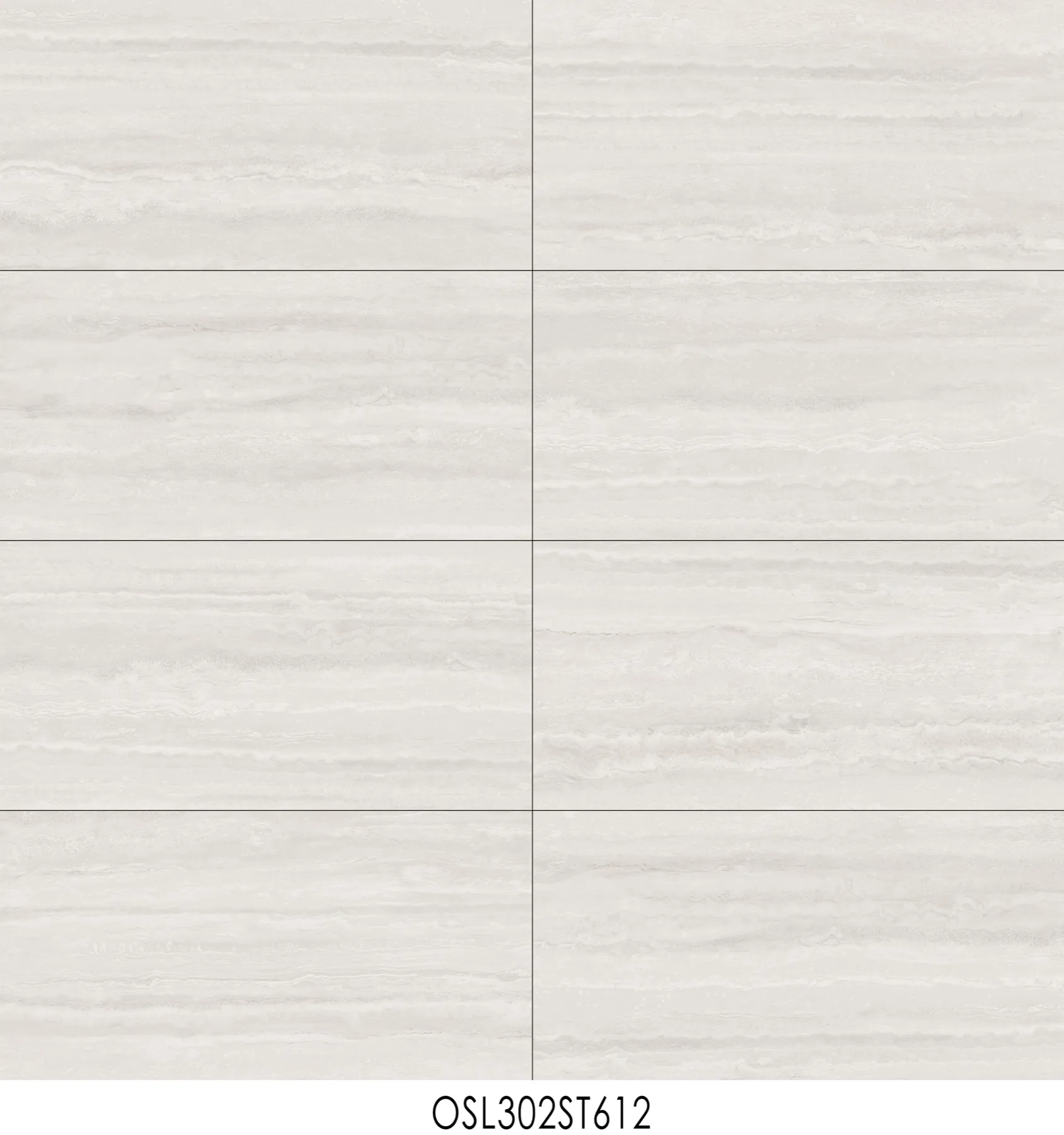 OSL302GL612, OSL302ST612 gray Travertine Porcelain Tile in 600x1200mm, shown as several tile faces arranged side by side to show the surface pattern, veining, and shade variation