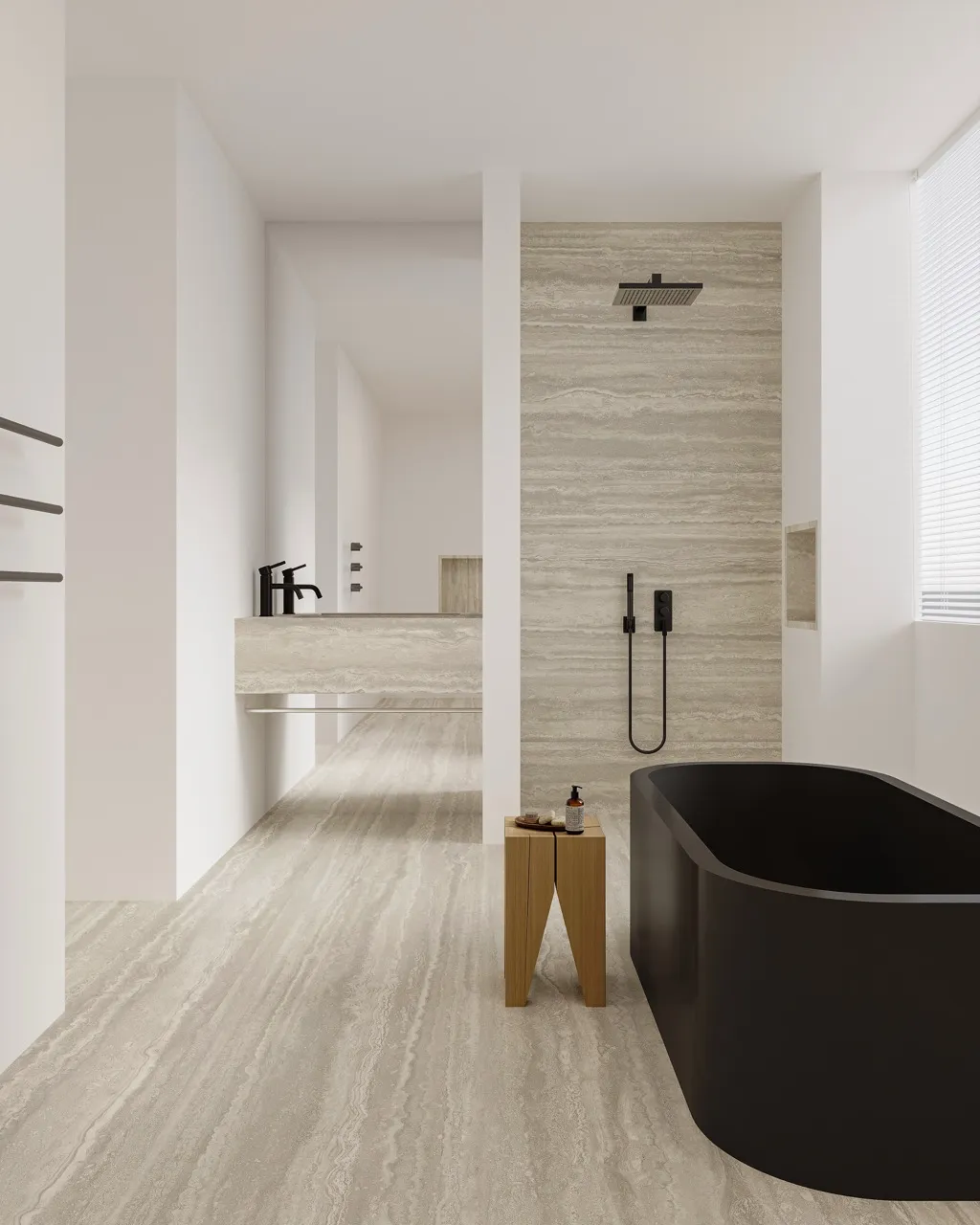 gray travertine look sintered stone used on bathroom walls floors and vanity surfaces