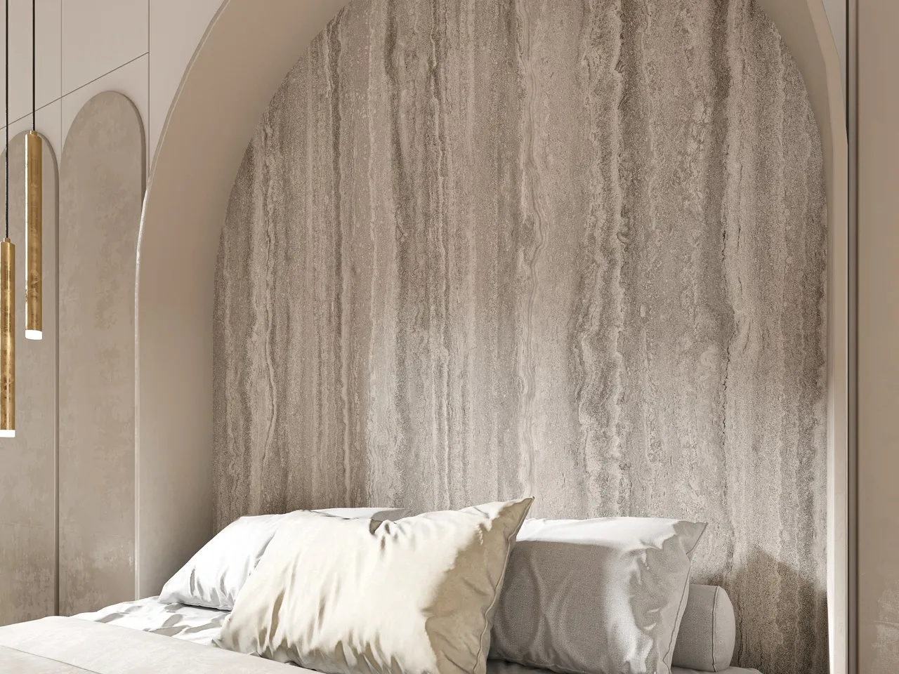 gray travertine look sintered stone accent wall behind bed in contemporary bedroom