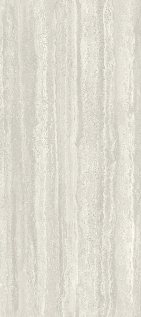large format gray travertine look sintered stone slab with soft layered stone texture