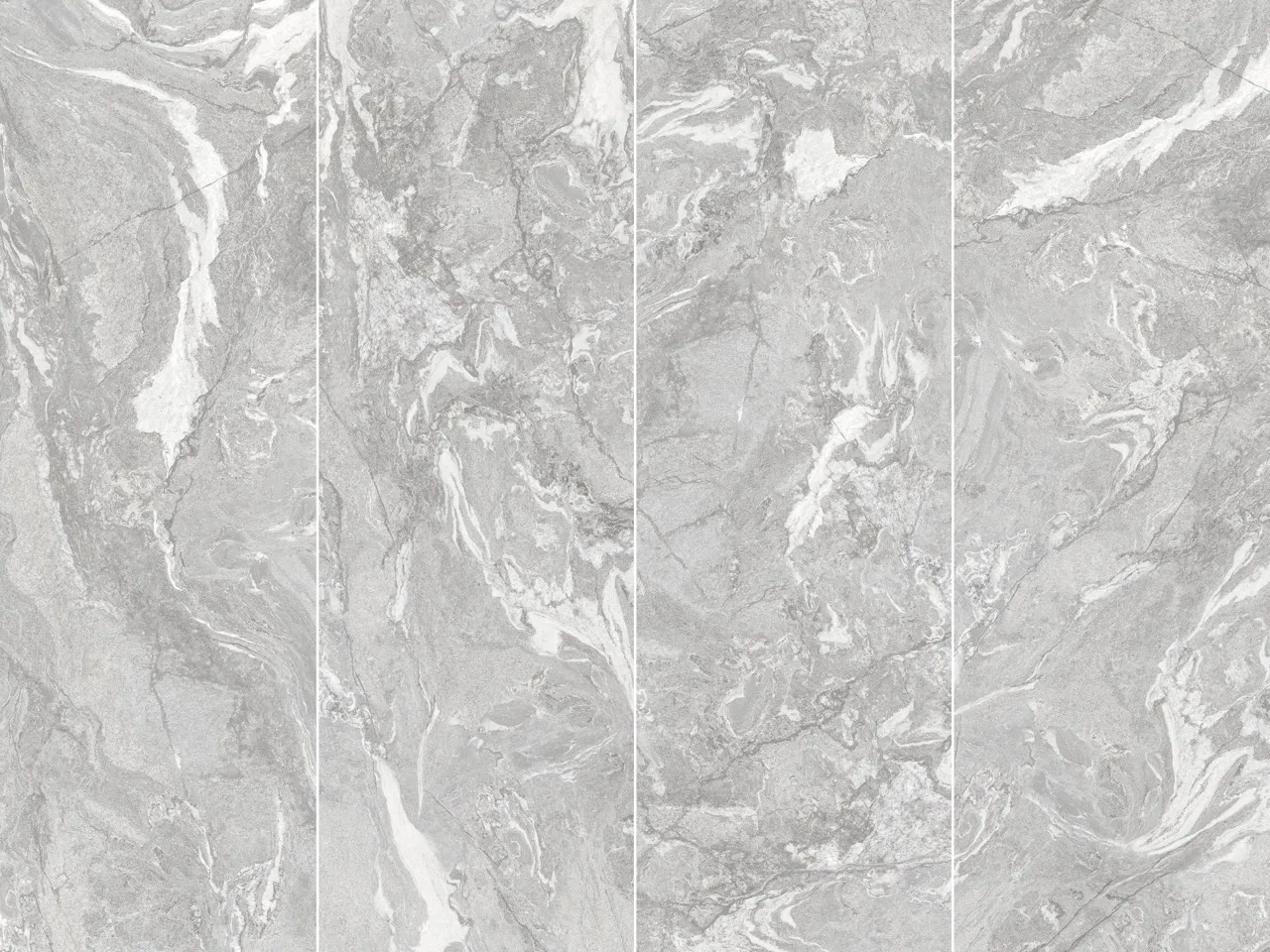 Gray white marble look sintered stone slab layout featuring dramatic flowing veining and large-format continuity.