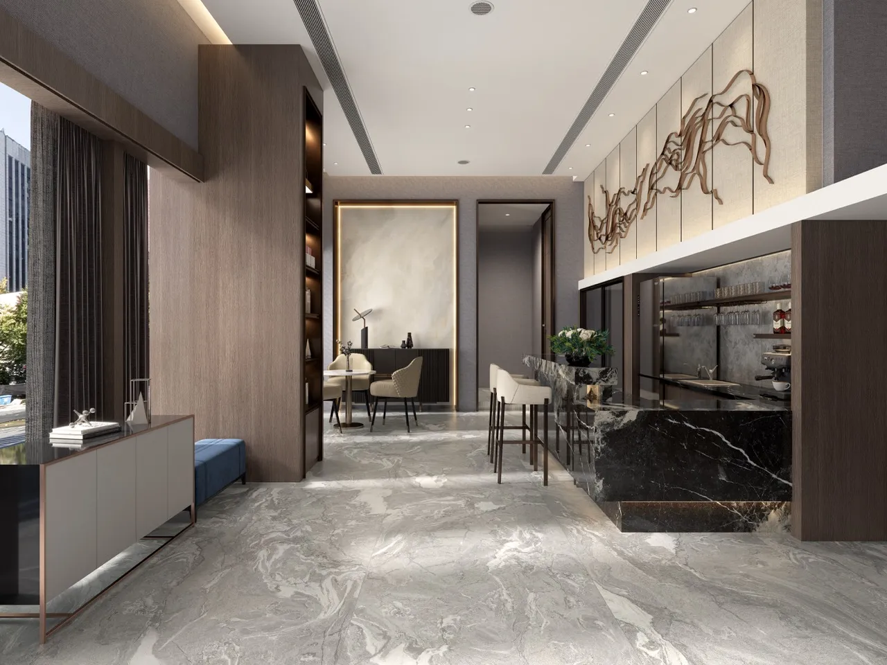Gray white marble look sintered stone flooring installed in a modern luxury commercial interior.