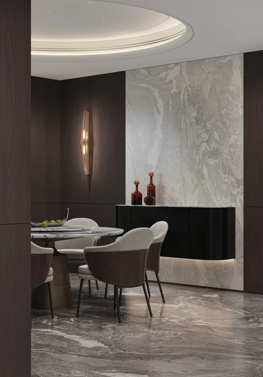 Gray white marble look sintered stone used in a sophisticated dining area with coordinated wall and floor applications
