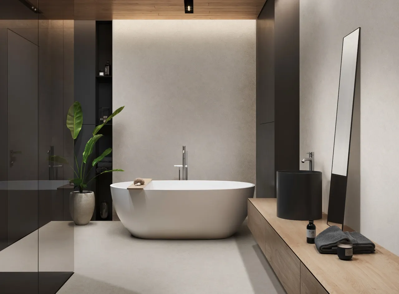 Modern bathroom featuring ivory white limestone look sintered stone on walls and floors with glint lappato finish