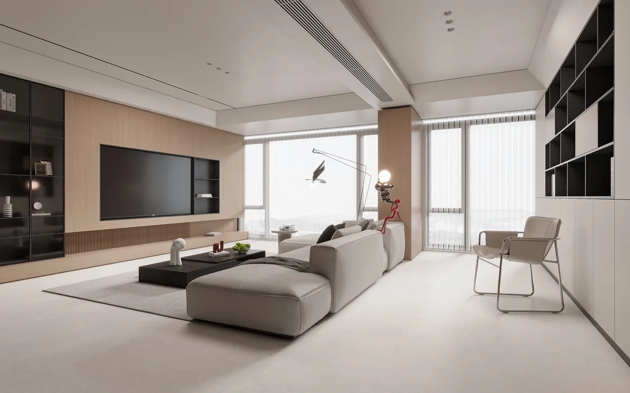 Modern living room featuring ivory white limestone look sintered stone flooring