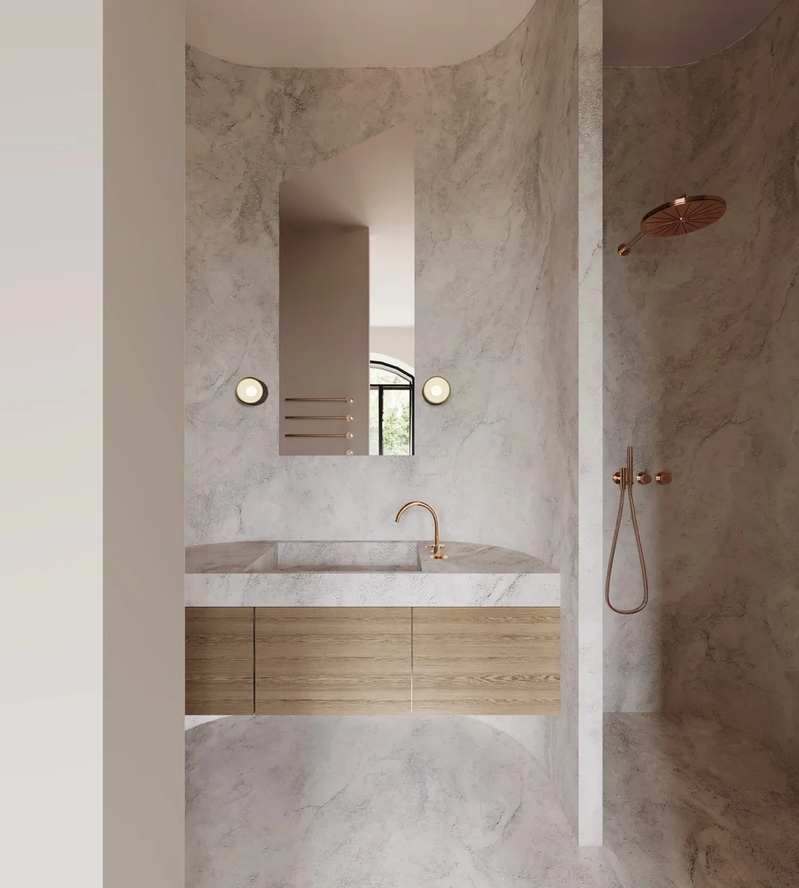 Ivory white marble look sintered stone used for bathroom vanity and wall cladding applications