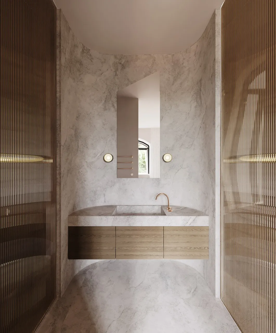 Large format ivory white sintered stone installed on bathroom walls and shower areas