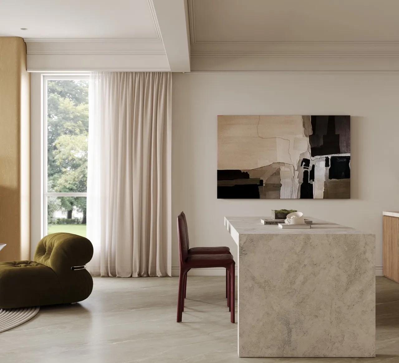 Large format ivory white sintered stone used for kitchen island countertop and floor applications