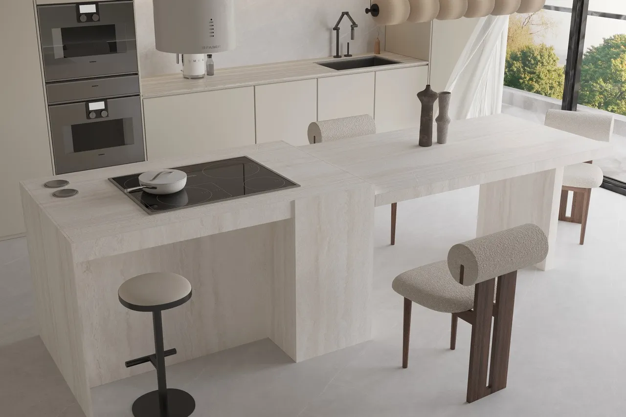 Ivory white travertine look matte textured sintered stone used for kitchen countertop and island application