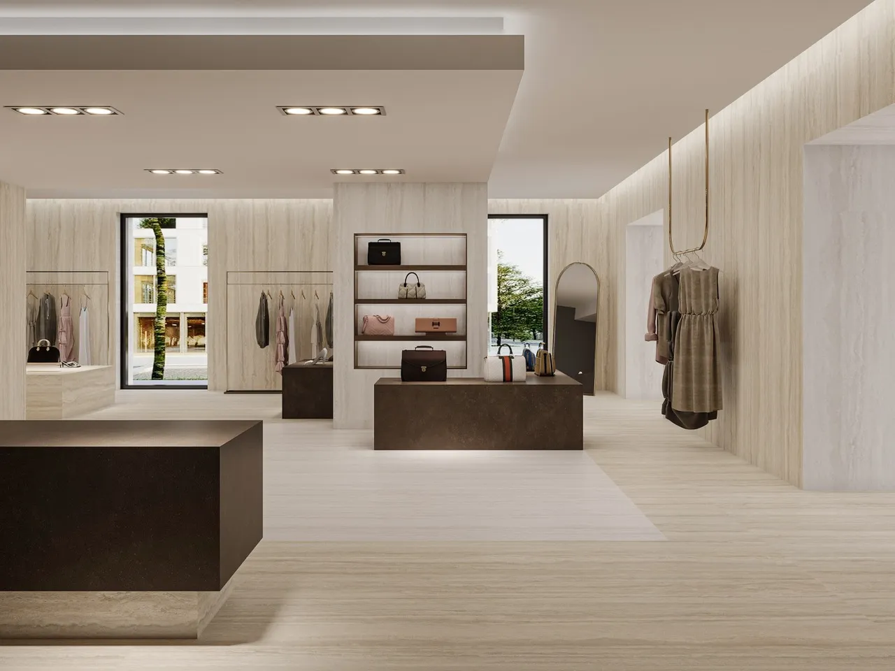 Ivory white travertine look matte textured sintered stone used for luxury showroom wall and floor applications
