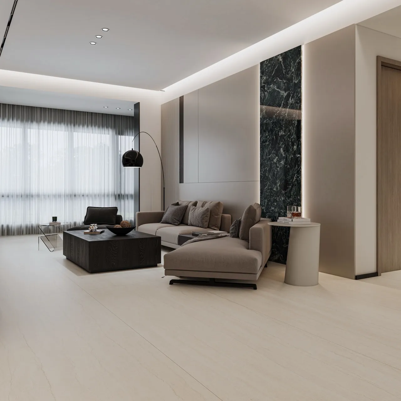 Large-format ivory white travertine look sintered stone flooring installed in a contemporary open-plan residential interior. Title: Ivory White Travertine Look Sintered Stone Floor Application