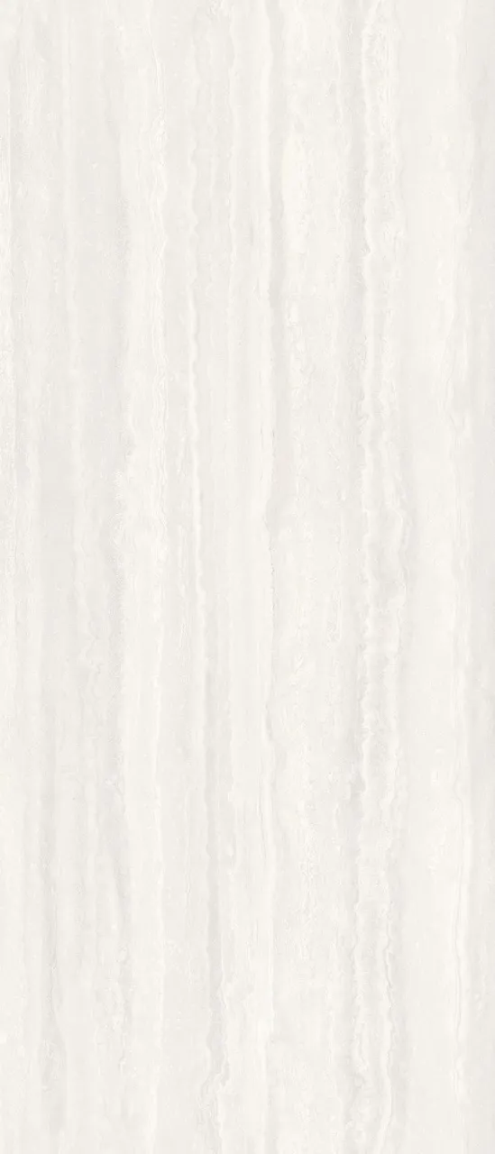 Ivory white travertine look matte textured sintered stone slab featuring subtle layered vein movement