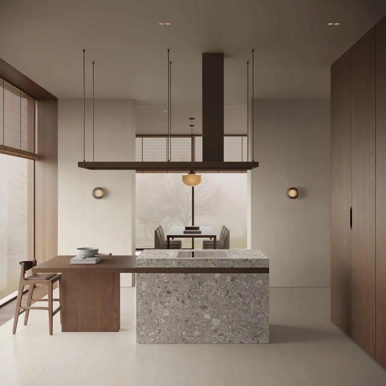 Ivory white travertine look sintered stone kitchen floor with glazed glint lappato finish in a modern minimalist kitchen interior. Title: Ivory White Travertine Look Sintered Stone Kitchen Floor Application