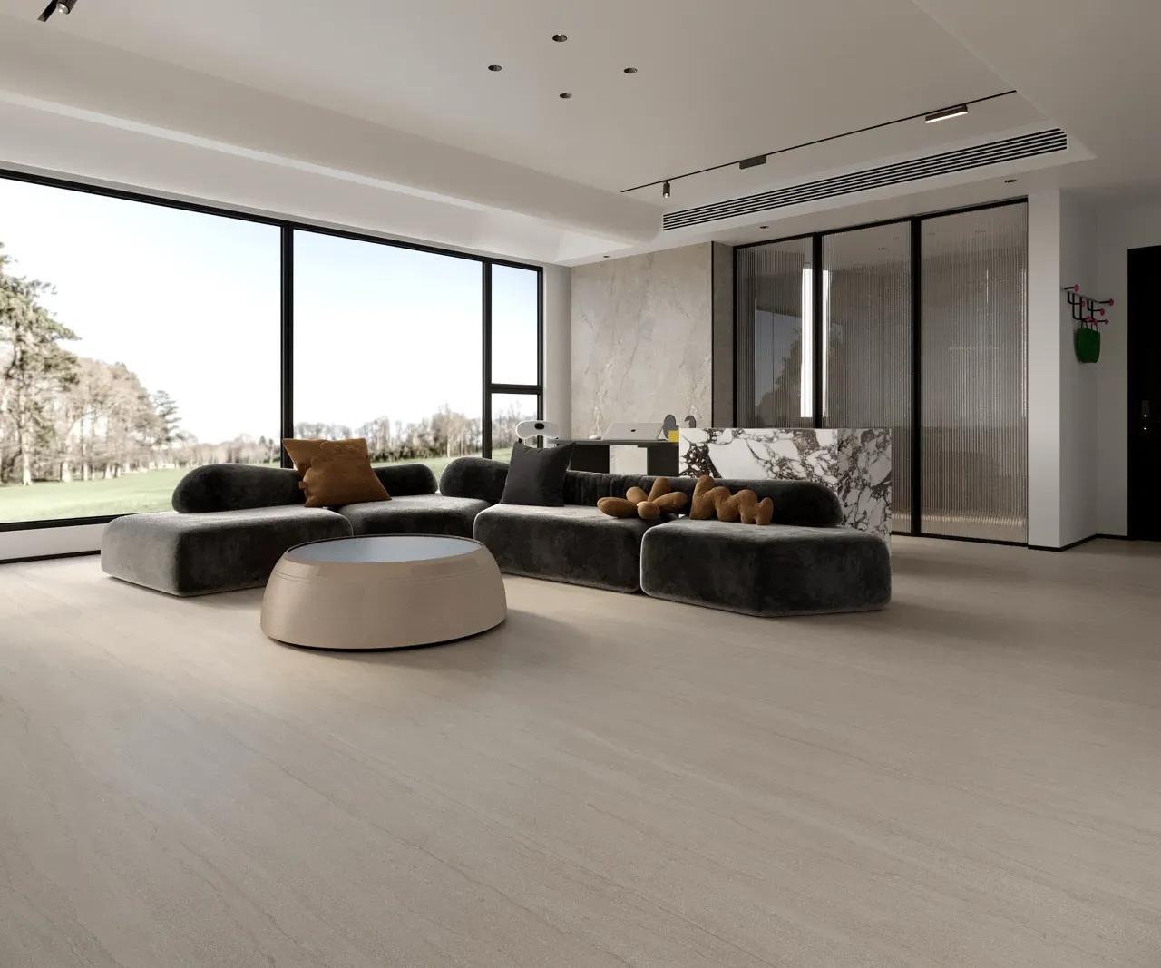 Ivory white travertine look sintered stone flooring in a modern living room with contemporary furniture and soft neutral tones. Title: Ivory White Travertine Look Sintered Stone Living Room Floor