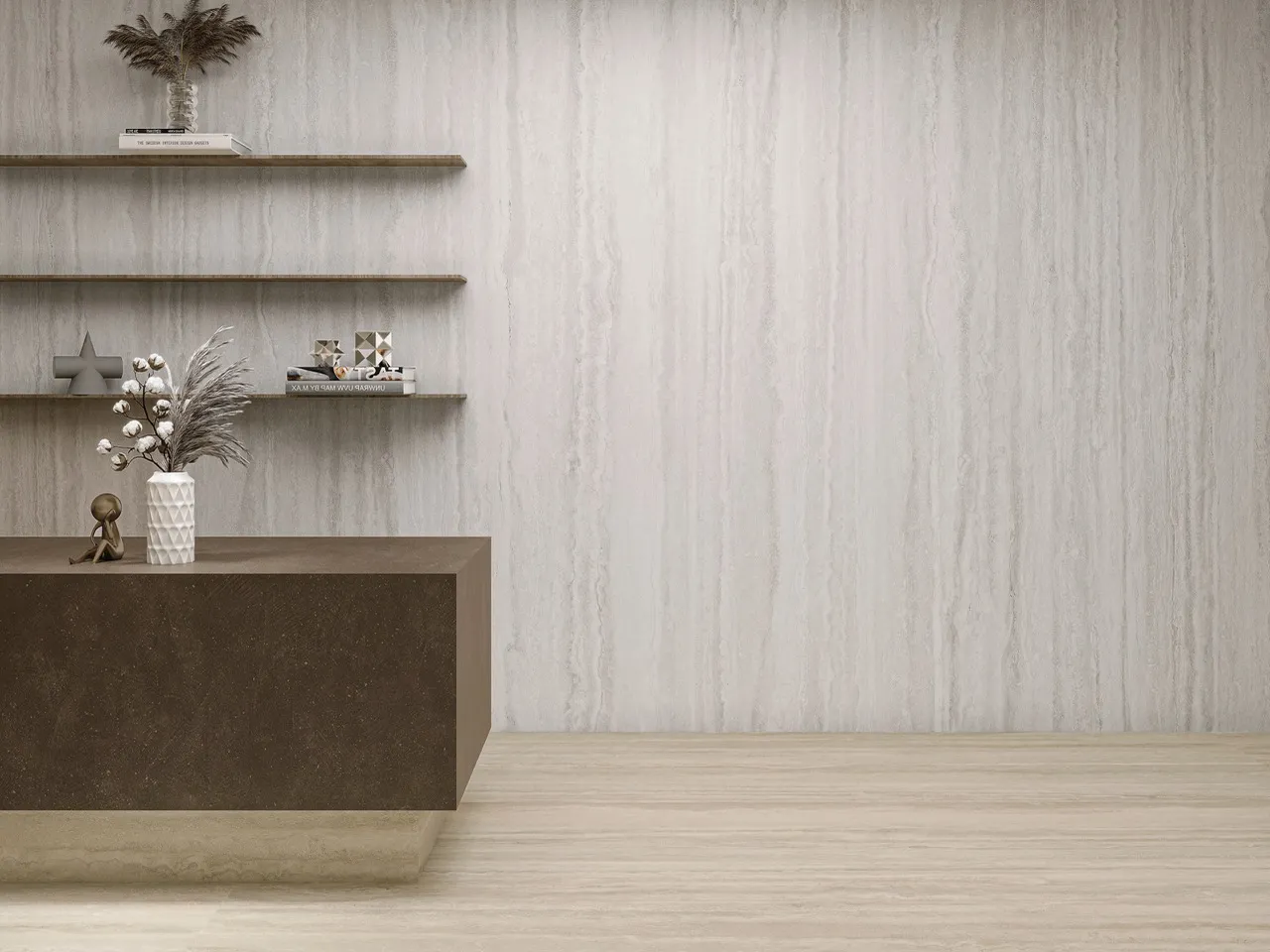 Ivory white travertine look matte textured sintered stone wall cladding in contemporary interior space