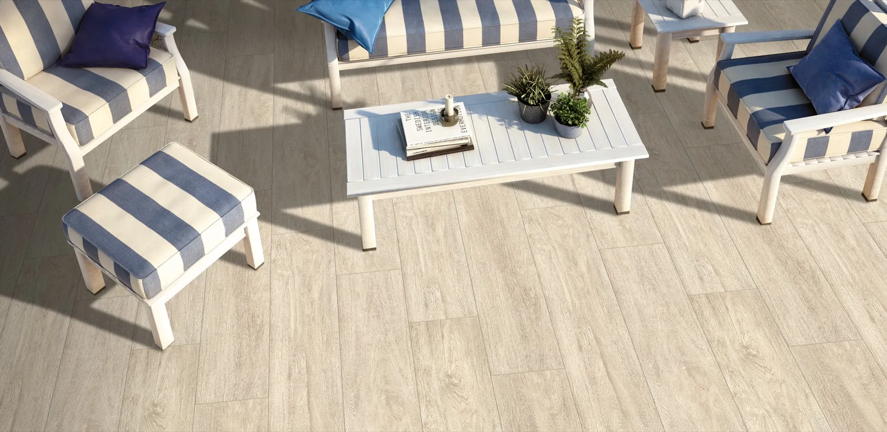 OW1012F122 Gold Wood Look porcelain tile shown in an application-style product view