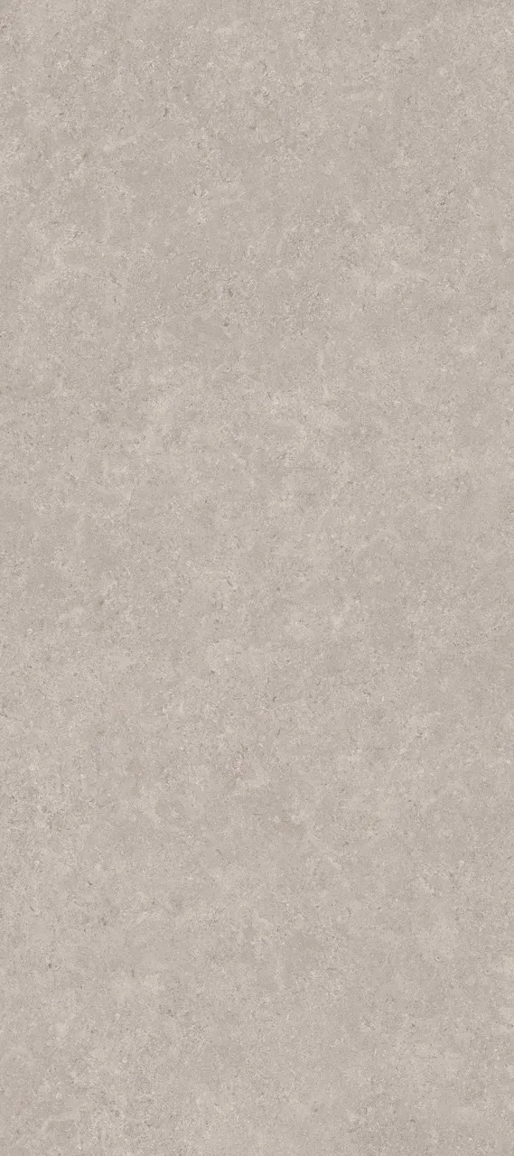 large format gray limestone look sintered stone with matte textured glazed finish