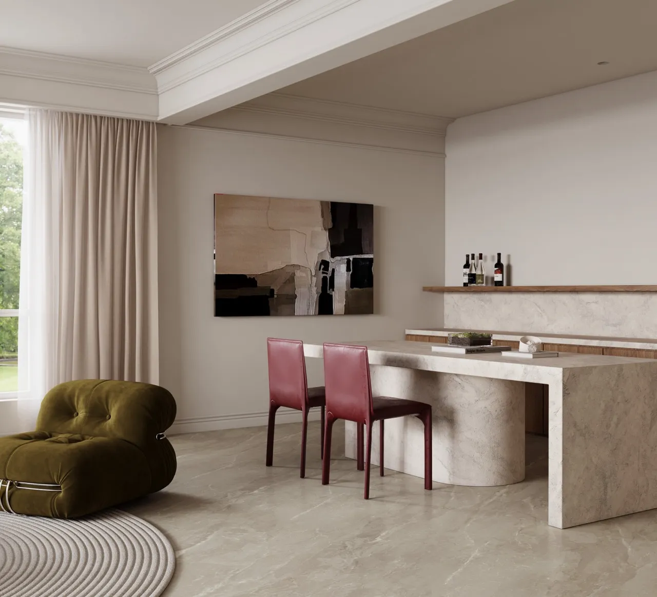 Large format ivory white marble look sintered stone used for living room flooring and countertop applications
