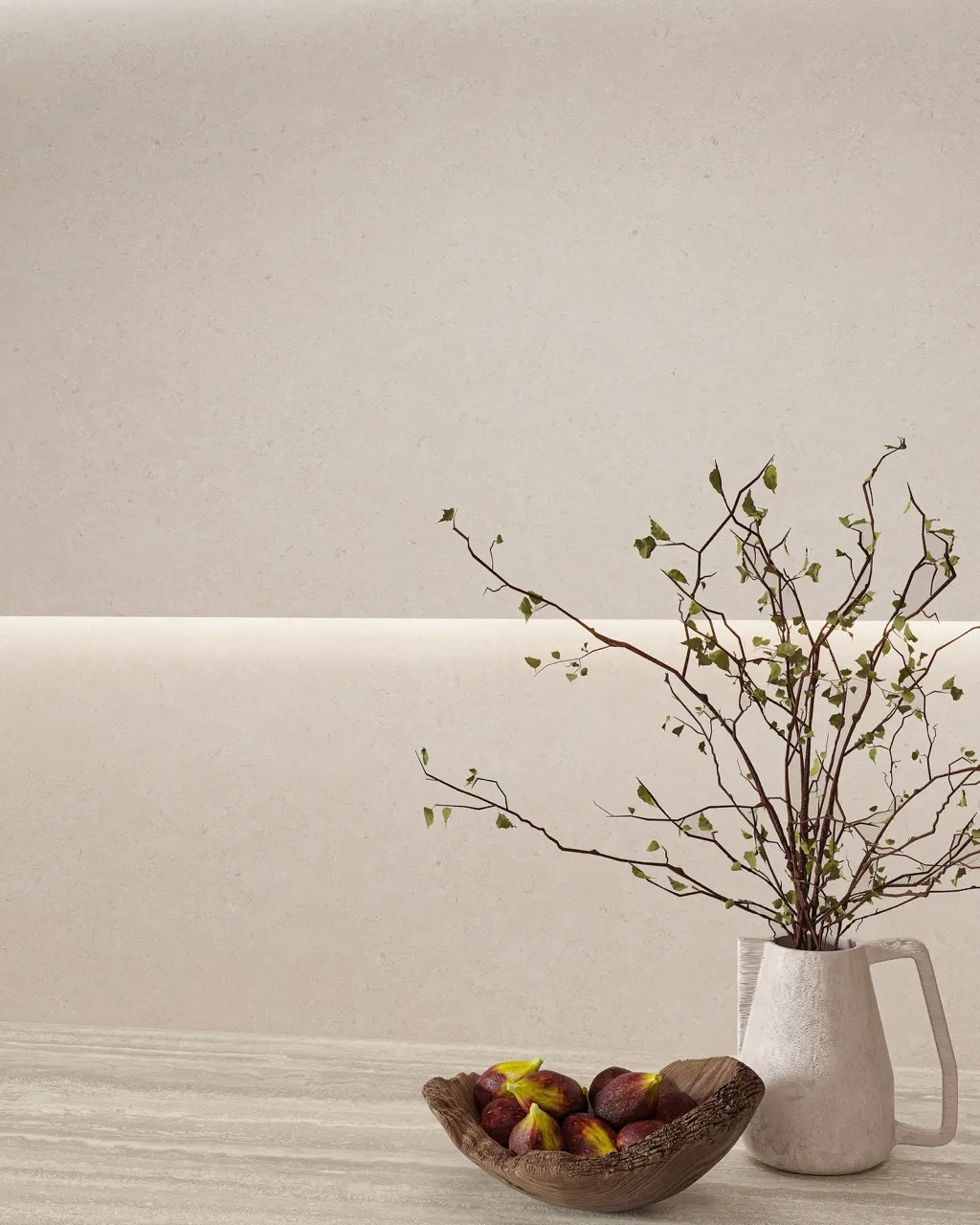 ivory white limestone look sintered stone feature wall with decorative interior styling