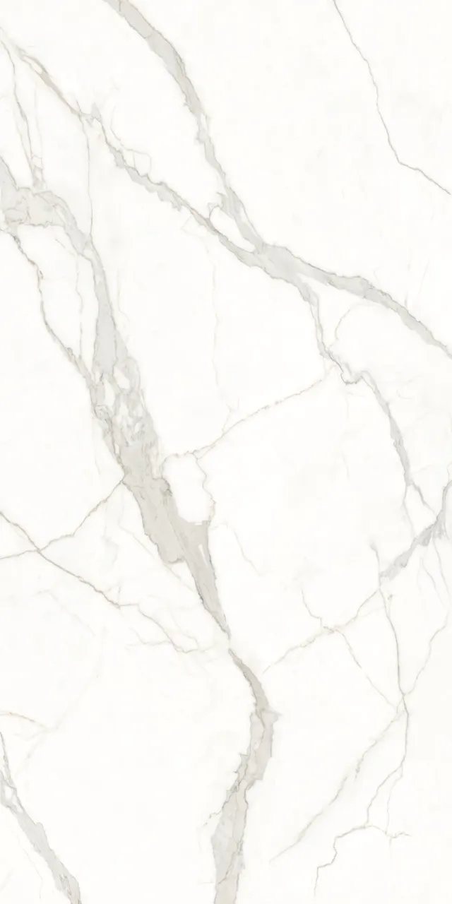 White marble effect sintered stone slab with natural gray veining pattern