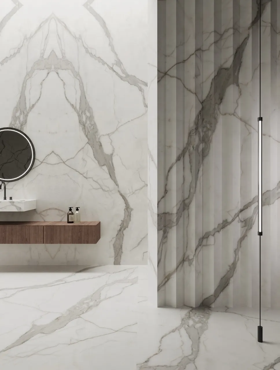 White marble look sintered stone shower wall and bathroom detail application