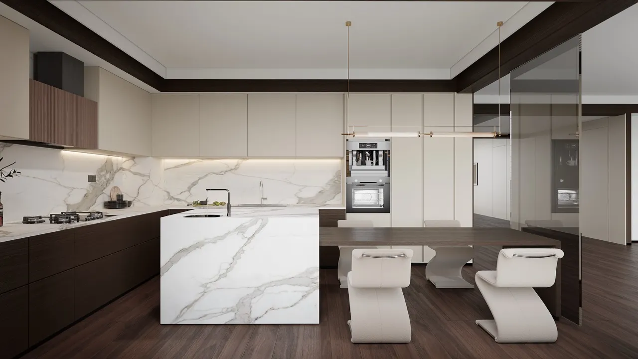 White marble look sintered stone kitchen island and backsplash application with gray veining