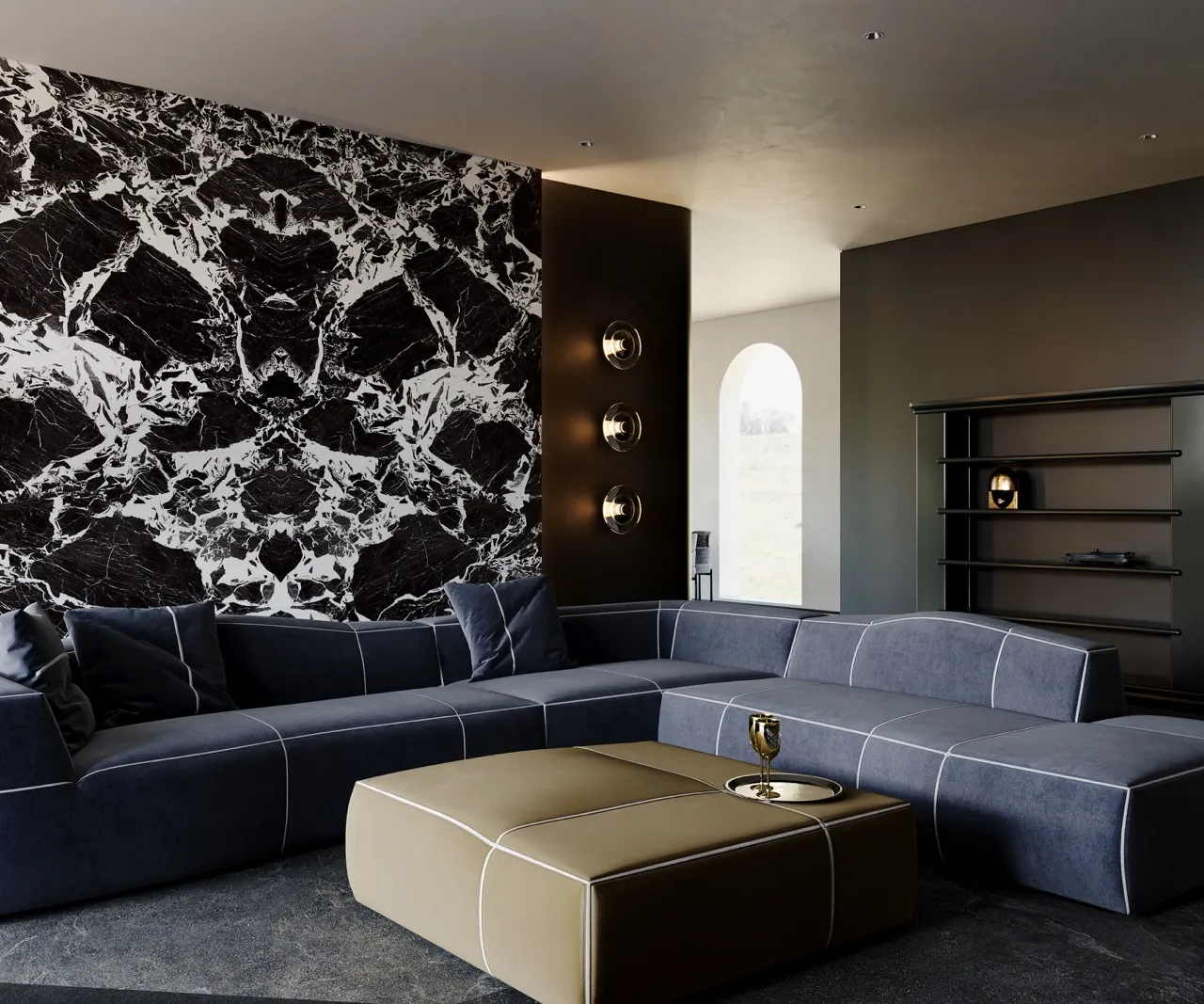 Bookmatched black marble look sintered stone feature wall in luxury living room