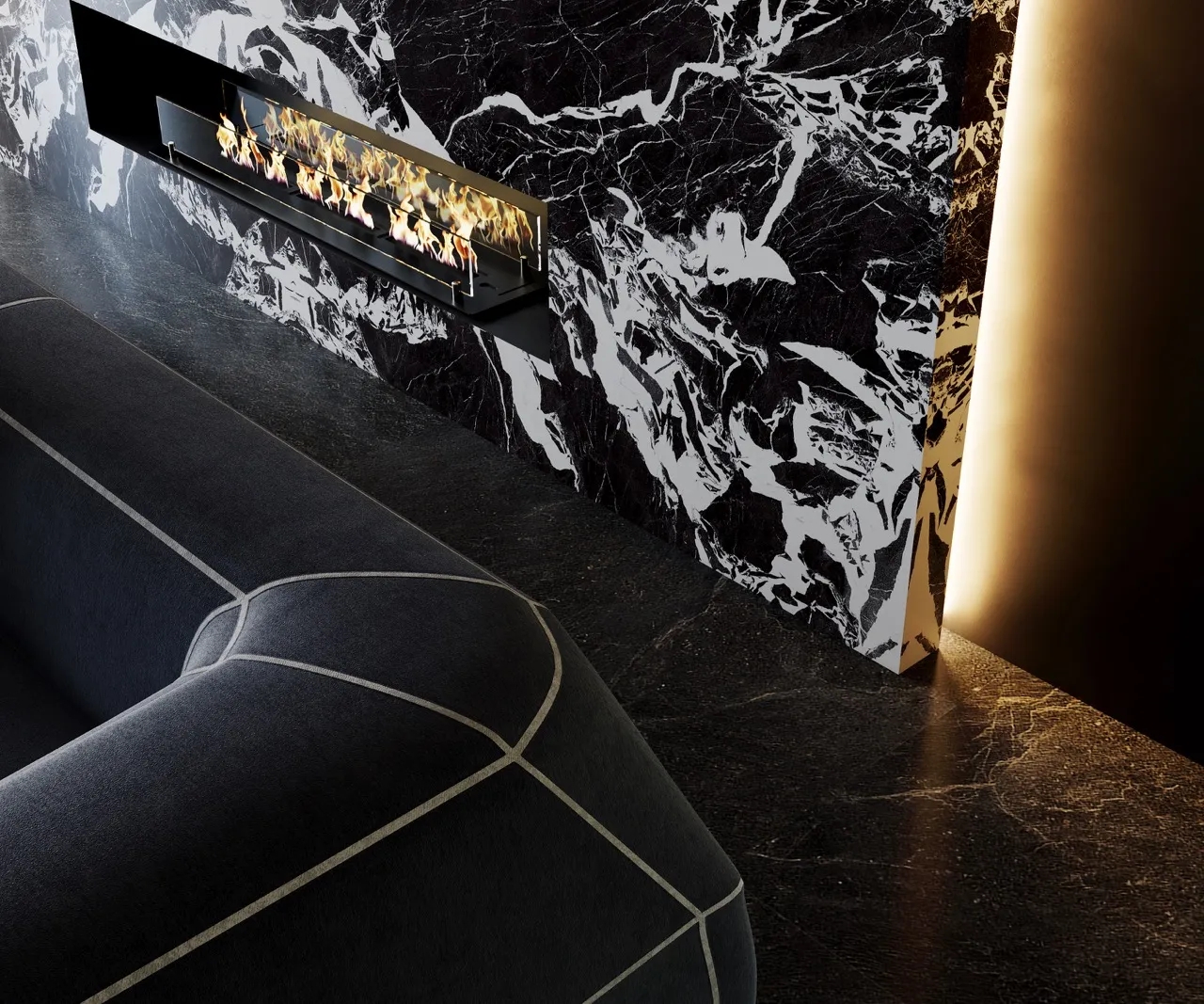 Black marble look sintered stone fireplace surround with white veining