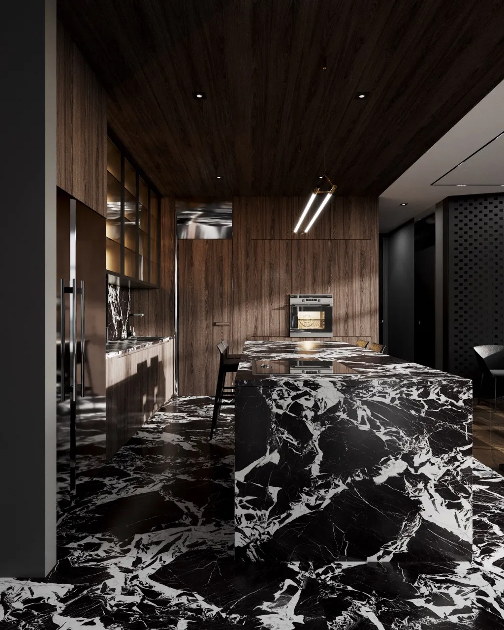 Black marble look sintered stone kitchen island countertop and floor application