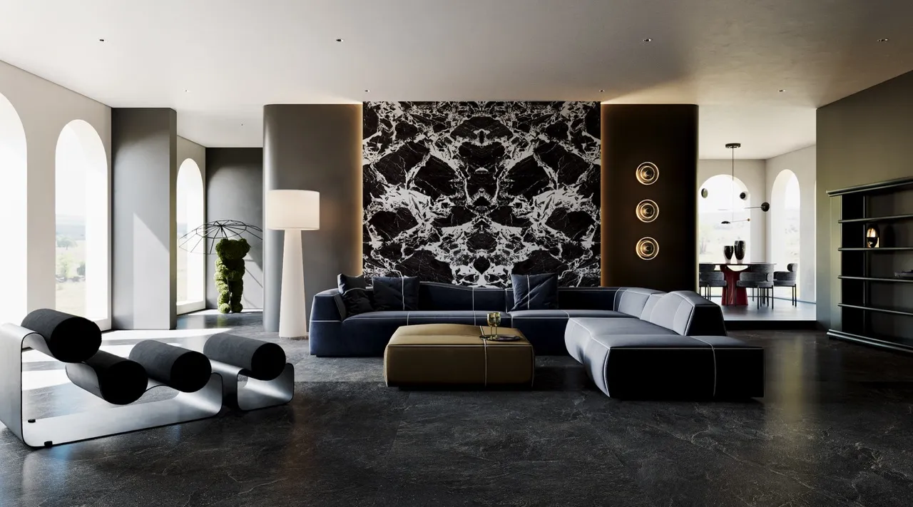 Luxury living room with black marble look sintered stone wall cladding