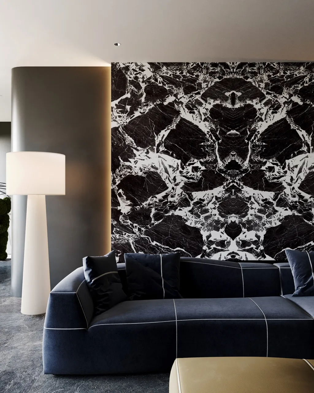 close-up of black marble look sintered stone feature wall installation