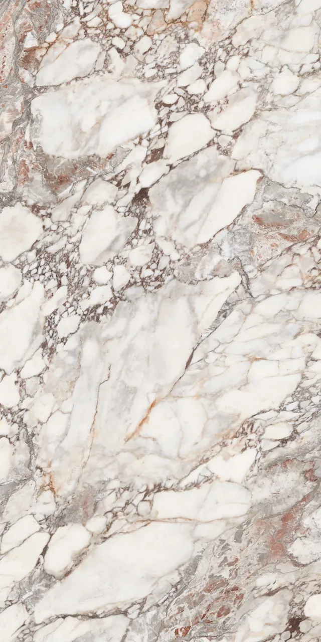white marble look sintered stone slab with gold and grey veining honed glazed finish B face design