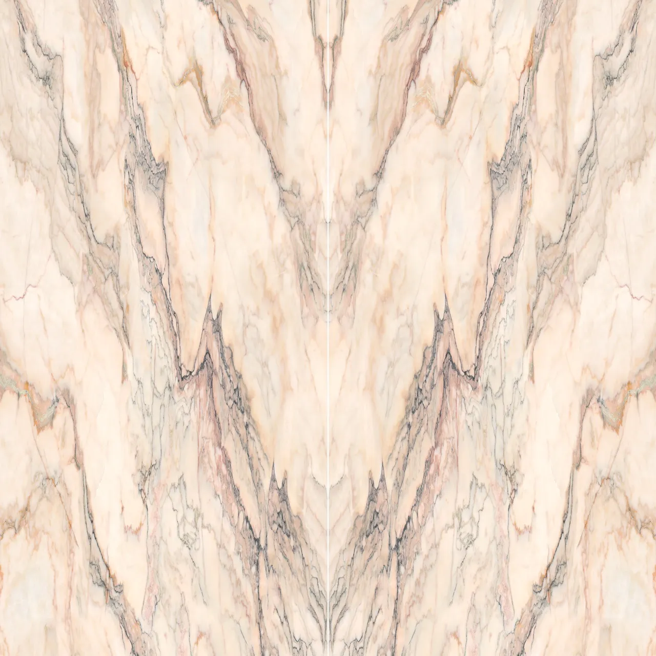 Bookmatched pink marble look sintered stone slab with natural flowing veining pattern