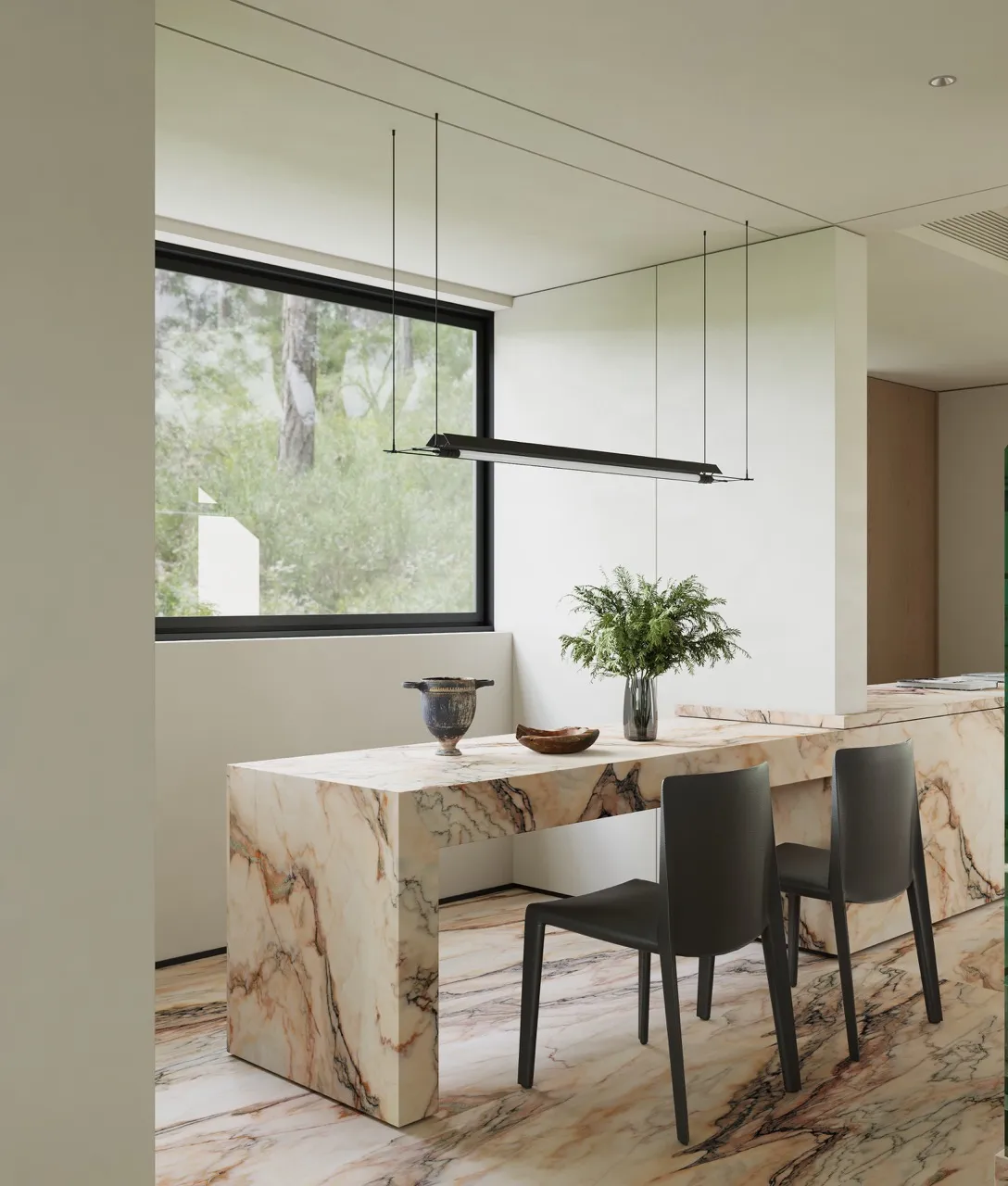 Pink marble look sintered stone dining counter and floor application