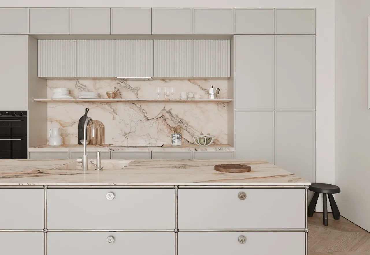 Pink marble look sintered stone kitchen island countertop and backsplash