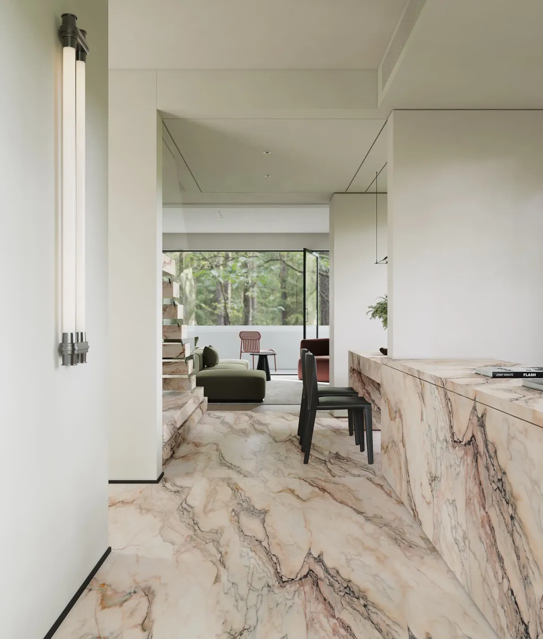 Modern interior floor finished with pink marble look sintered stone