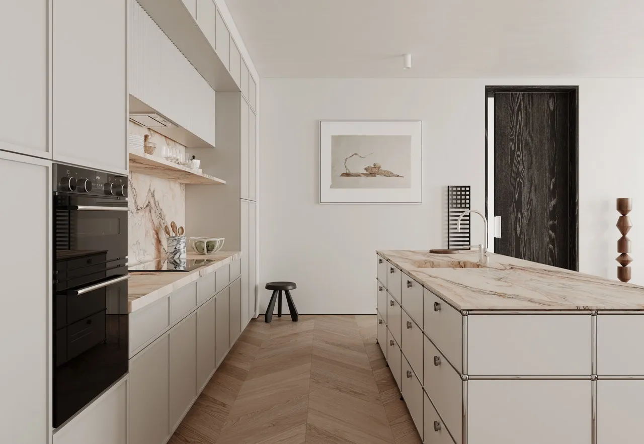 Modern kitchen with pink marble look sintered stone countertop and wall cladding