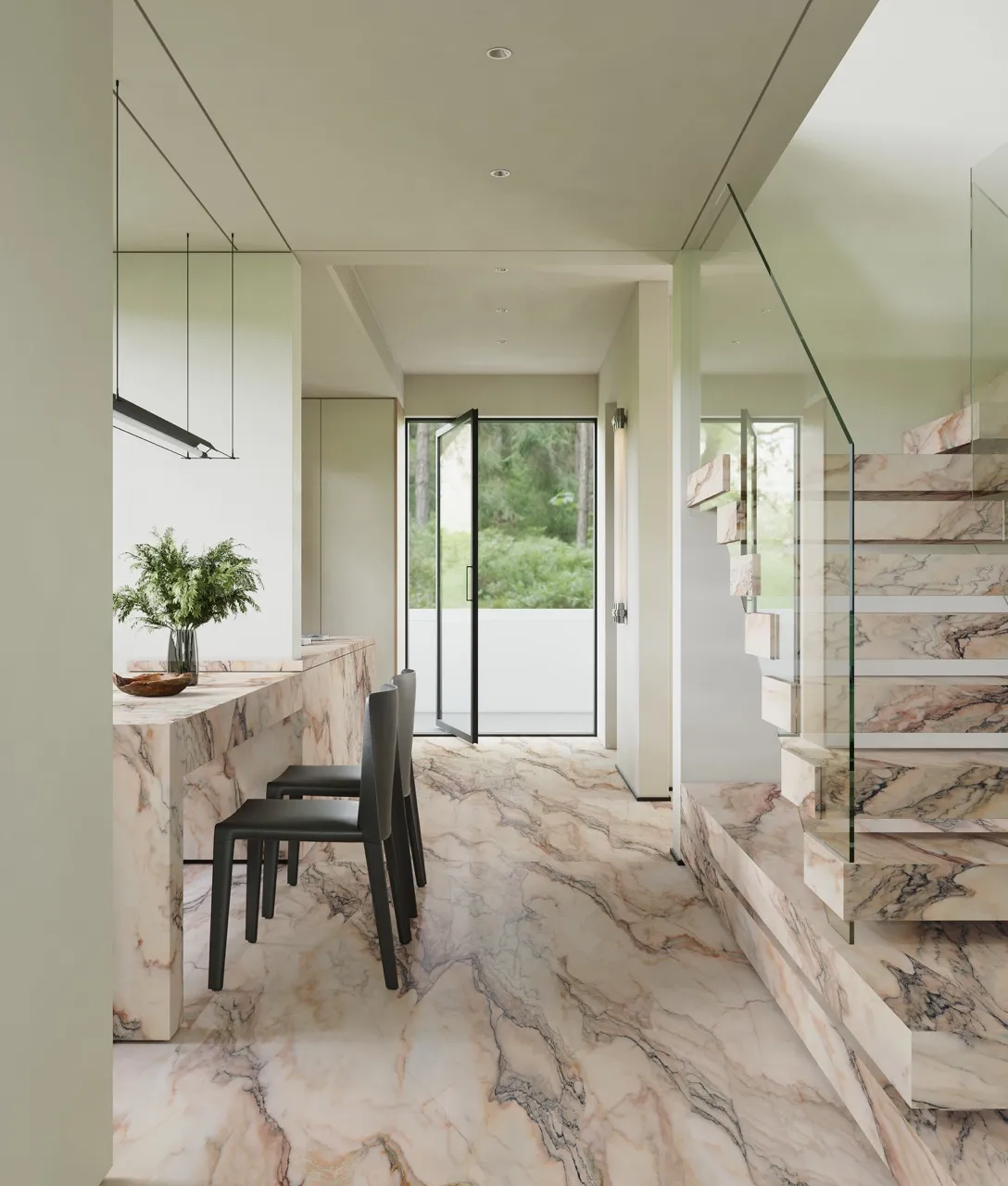 Pink marble look sintered stone floor and staircase application in modern interior