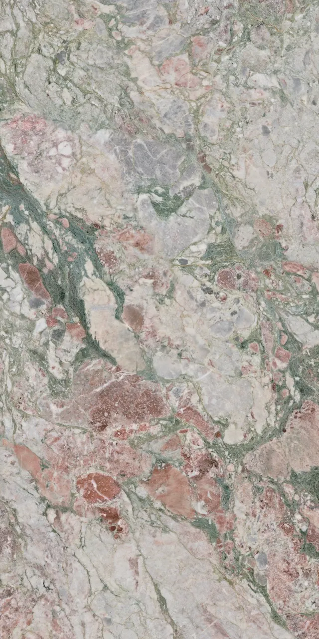 Pink green marble look sintered stone slab design with natural stone inspired texture