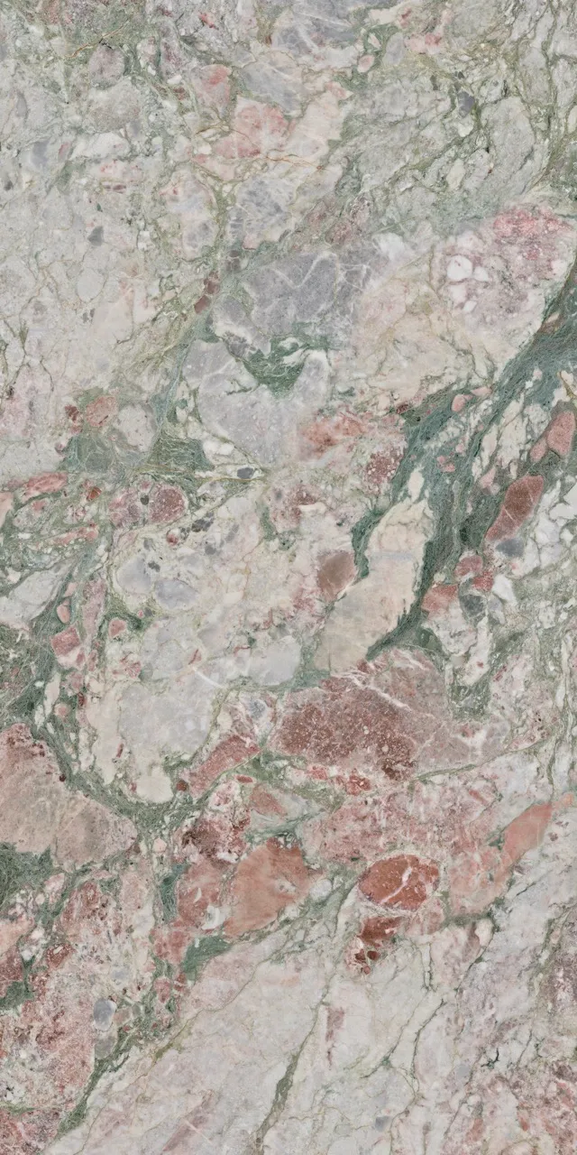 Pink green marble effect sintered stone slab with natural mineral pattern