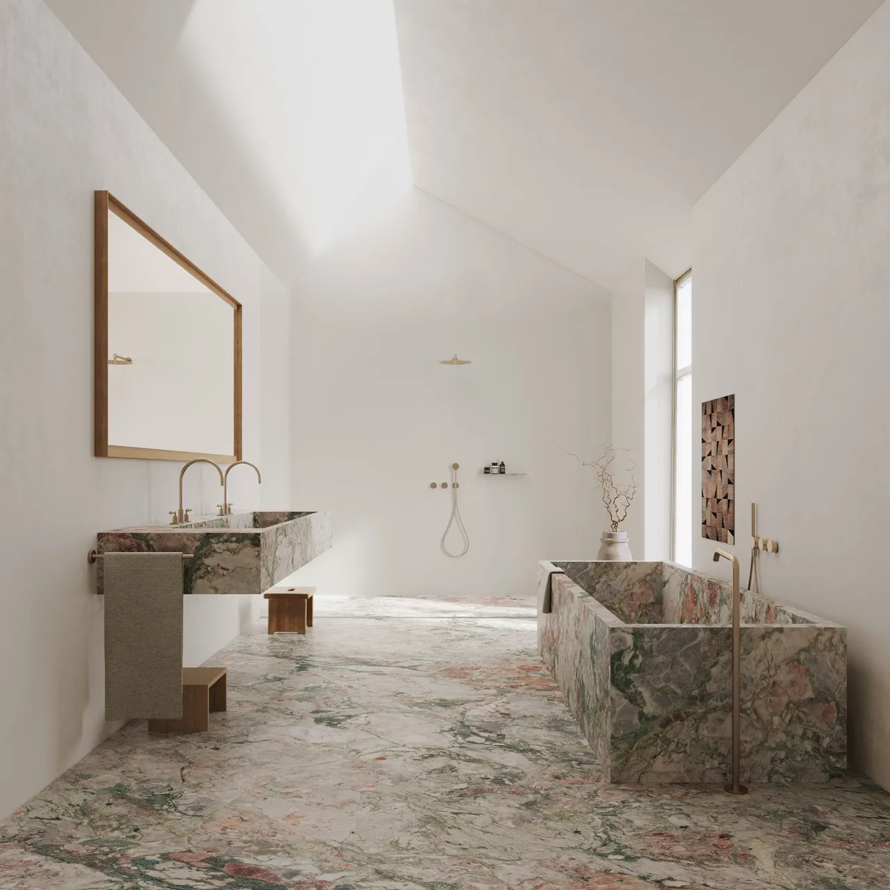 Luxury bathroom with pink green marble look sintered stone floor vanity and bathtub