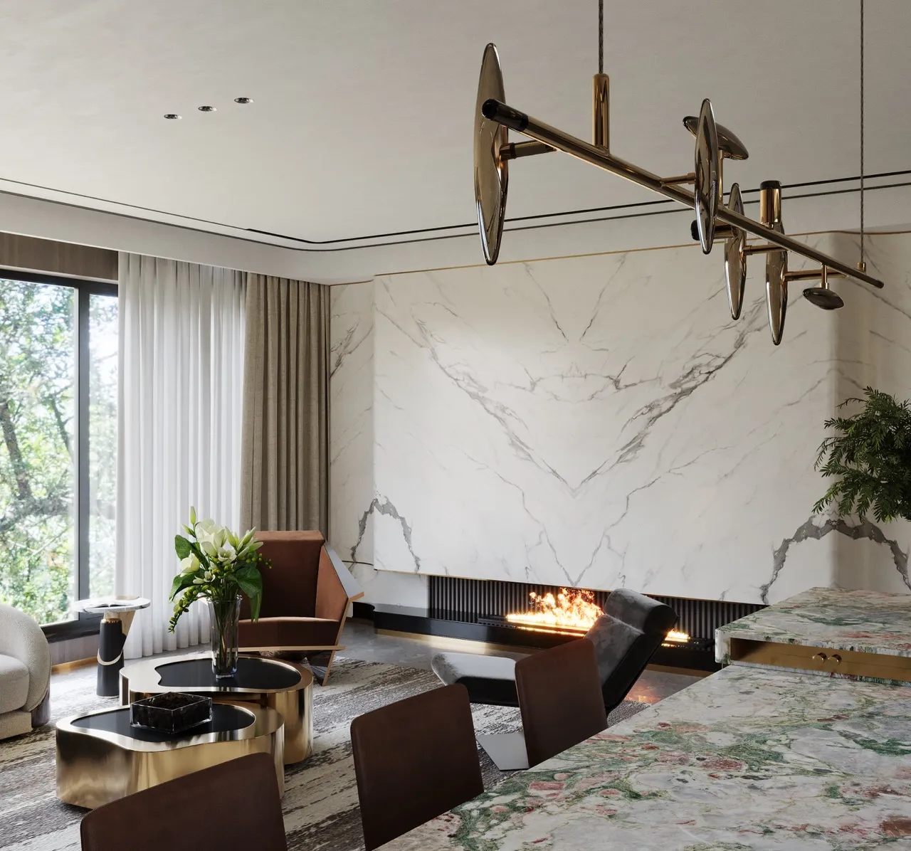 1600x3200mm marble look pink green sintered stone feature wall and countertop in luxury living room