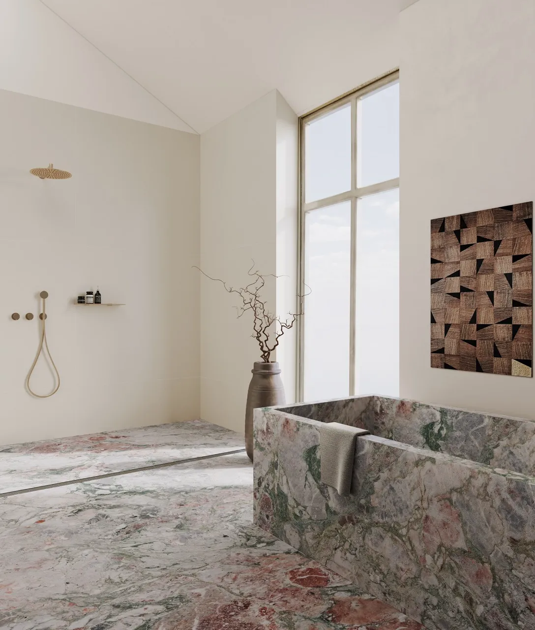 Pink green marble look sintered stone bathroom floor and bathtub cladding application