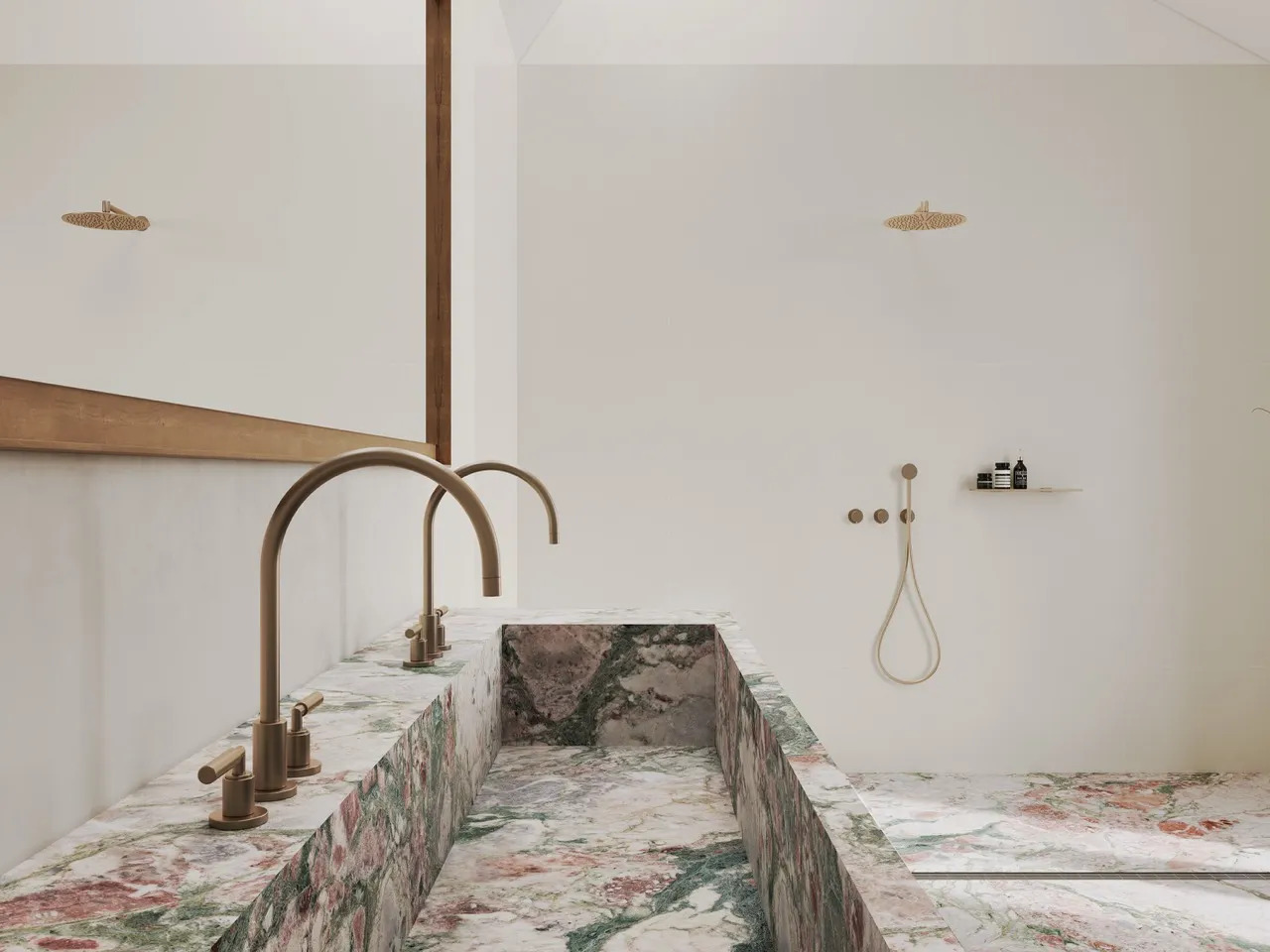 Pink green marble look sintered stone vanity countertop and integrated sink detail